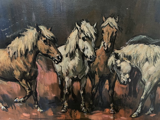 Vintage oliedruk op doek - Heinrich Faust - paarden - jaren ‘60-‘70