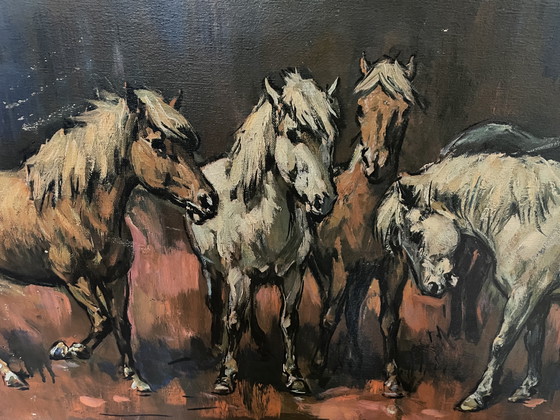 Image 1 of Vintage oliedruk op doek - Heinrich Faust - paarden - jaren ‘60-‘70