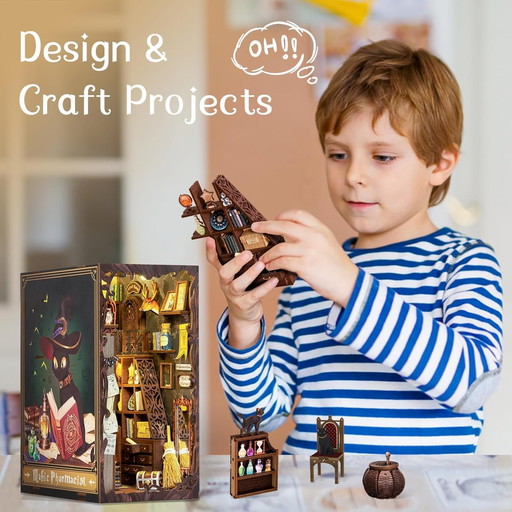 Fsolis DIY Book Nook, Maison de Poupée Miniature Kit de Maison avec Meubles en Bois et Lumière LED,3D Puzzle en Bois pour Biblio