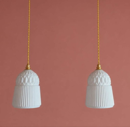 2x vintage white glass pendant lights