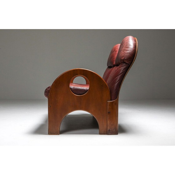 Image 1 of Vintage Gae Aulenti 'Arcata' Love Seat in Walnut and Burgundy Leather 1968