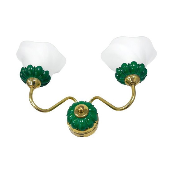 Image 1 of PRECIOSA double wall lamp | Czechoslovakia 1980s | malachite glass | brass | E14