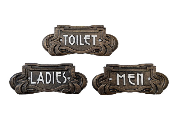 Image 1 of Set Of 3 Cast Iron Toilet Signs - Art Nouveau Style