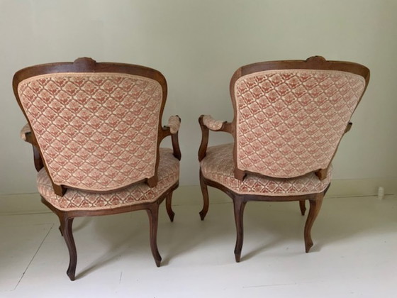 Image 1 of Paar Antieke Louis XV fauteuils met fluwelen stof