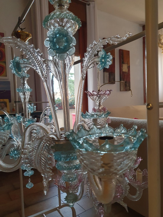 Image 1 of Lámpara de araña de tres brazos de cristal y cristal de Murano azul