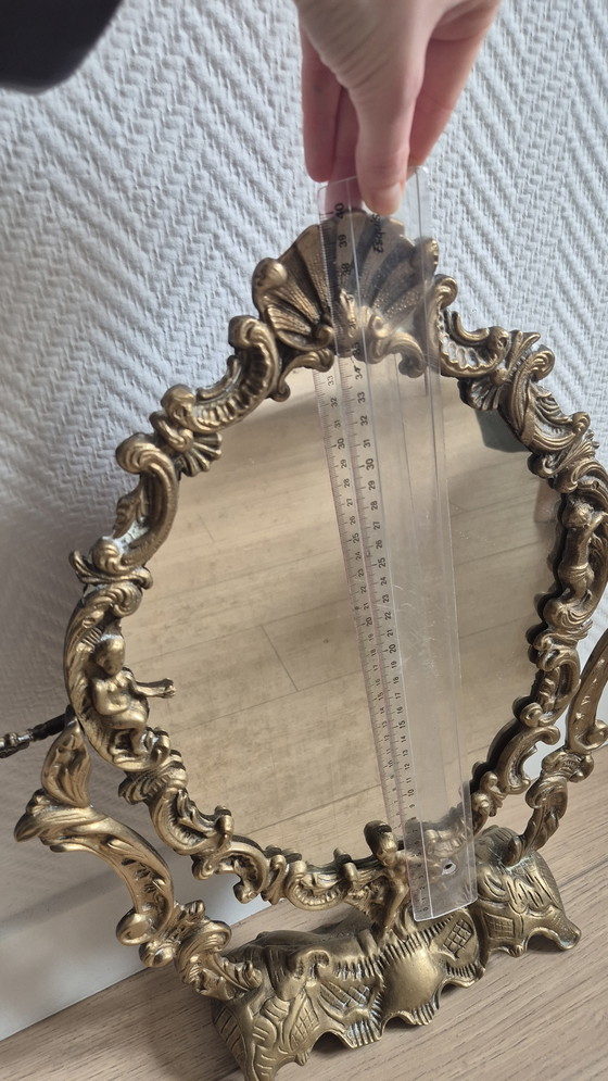 Image 1 of Antique French bronze vanity table mirror — Rococo style — cherubs & shell — late 19th / early 20th century