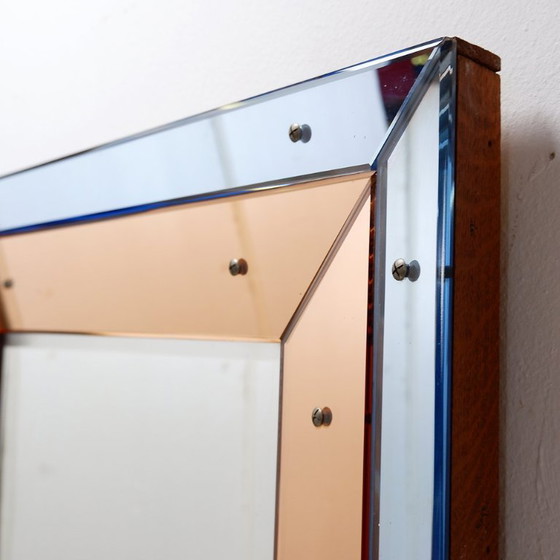 Image 1 of Facettierter Wandspiegel mit blauen und kupferfarbenen Spiegelpaneelen – Italien, 1930er Jahre