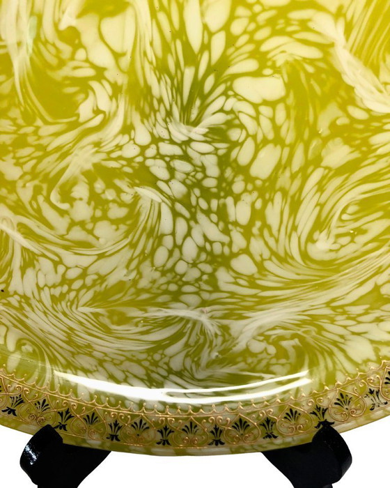 Image 1 of Hand Blown Art Glass Plate Yellow White Swirl Gold Rim Murano Style Vintage