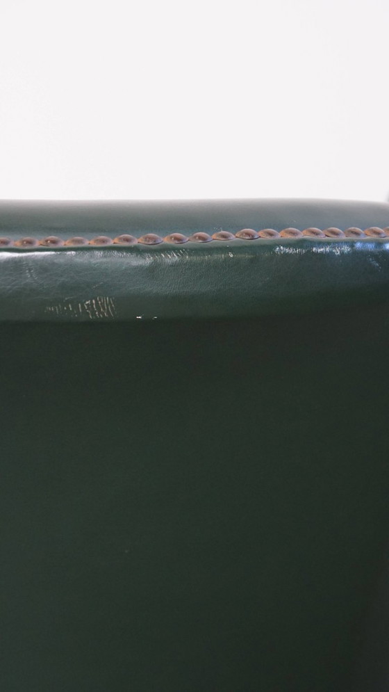 Image 1 of 2 x Beistell-/Ess-/Bürostuhl aus grünem Rindsleder und Holz im englischen Stil