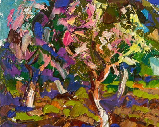 Image 1 of Original Oil Painting Day Village Landscape - "The Sky is Blue and the Spring"