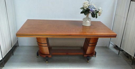 Grande table de salle à manger table de conférence Art Déco en placage de noyer + merisier, demi-colonnes inclinées, France vers