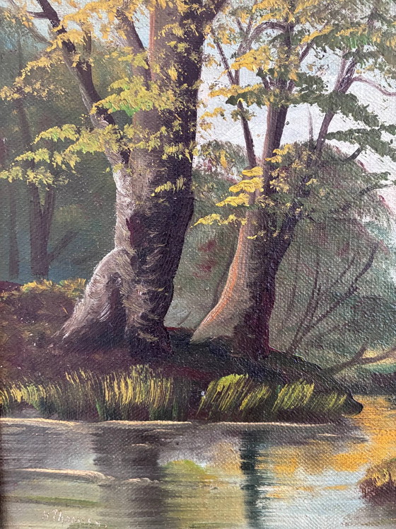 Image 1 of Peinture à l'huile originale vintage représentant un paysage de rivière, signée River Art