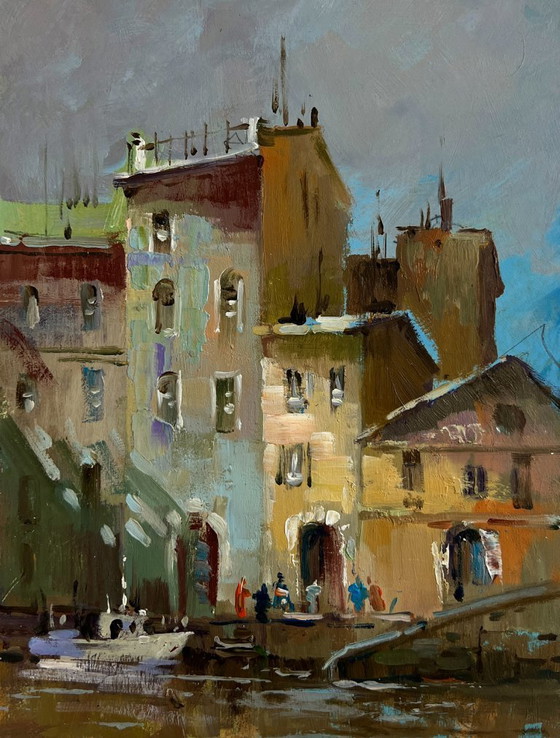 Image 1 of Original Oil Painting Gray City Landscape Shadows of a City Street