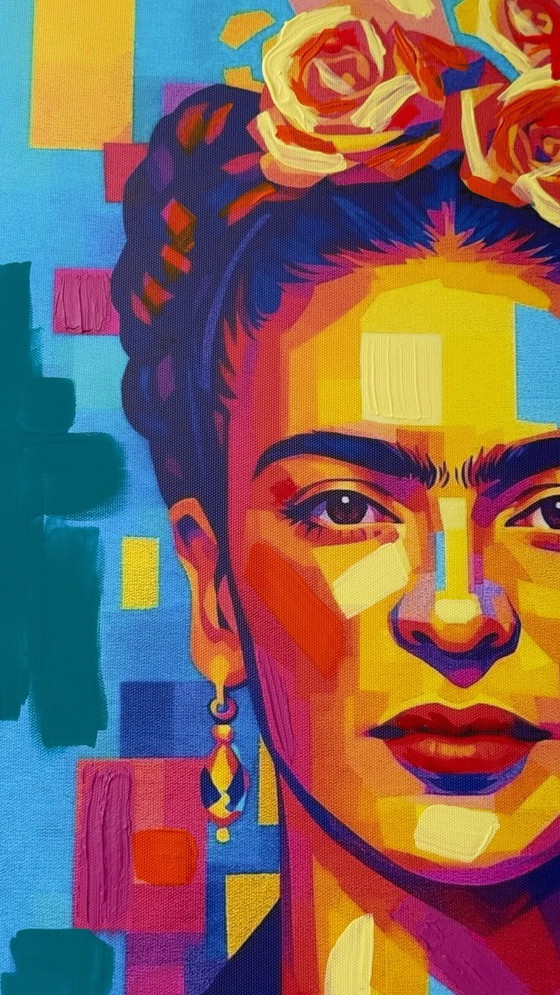 Image 1 of Azzurra Lo Bello - Frida Kahlo - Iconisch pop-geometrisch portret - Hedendaagse pop-art - Gemengde technieken op canvas