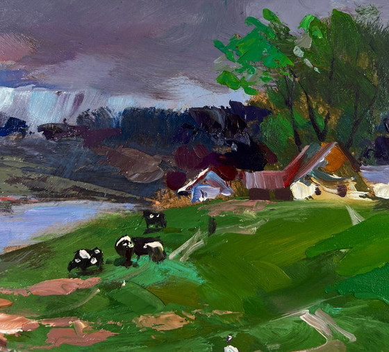 Image 1 of Original Oil Painting Rural Summer Landscape Village Nestled On A Quiet Shore