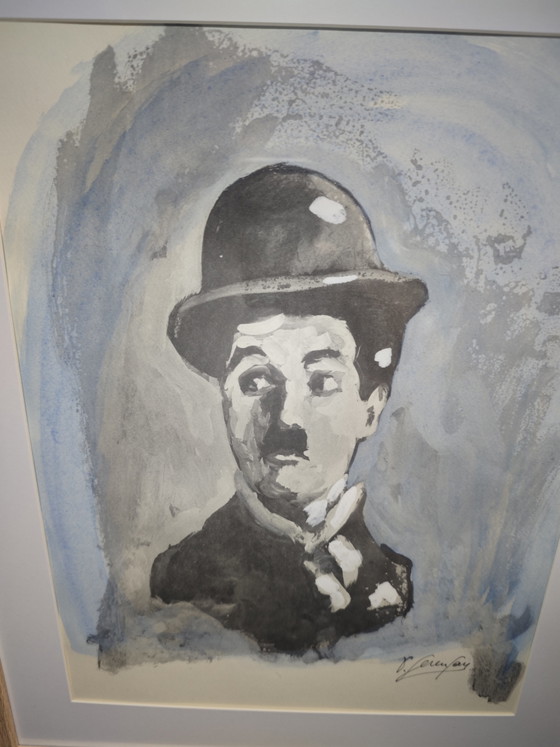 Image 1 of Lithografie van Charlie Chaplin in een lijst