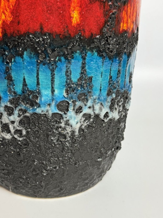Image 1 of Large Ceramic Black Fat Lava Vase with Brilliant Azur Blue and Orange Enamel Accents, West Germany 1970s.