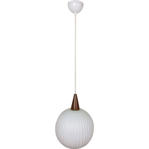 Lampada a sospensione vintage in teak e opalino, anni '60