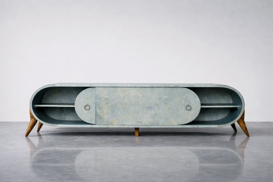 Image 1 of Vintage Mid-Century Modern Italian Turquoise Streamline Sideboard in Birch, 1960s