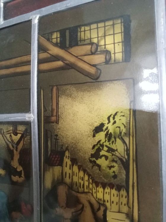 Image 1 of Antiek Glas in Lood Slagers Slachthuis Koeien
