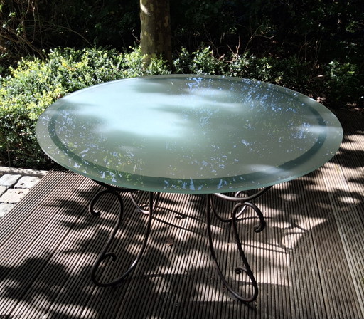 Table Ronde en Fer Forgé avec Verre Dépoli Trempé de 12 mm d'épaisseur