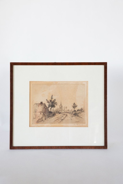 Jan Poortenaar – Dutch rural landscape with farmhouse – etching – signed