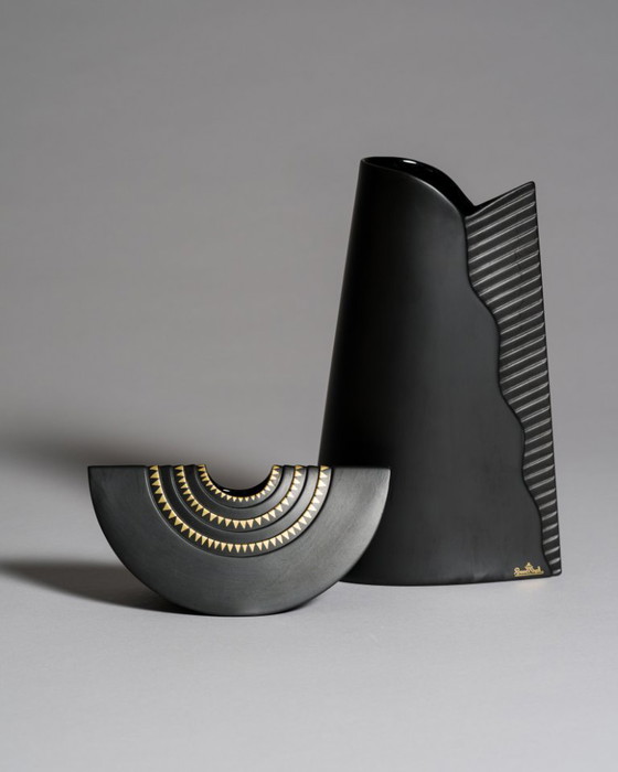 Image 1 of Rosenthal Porcelain Noire Vase Duo Uta Feyl “Memphis” & Ambrogio Pozzi “Totem"