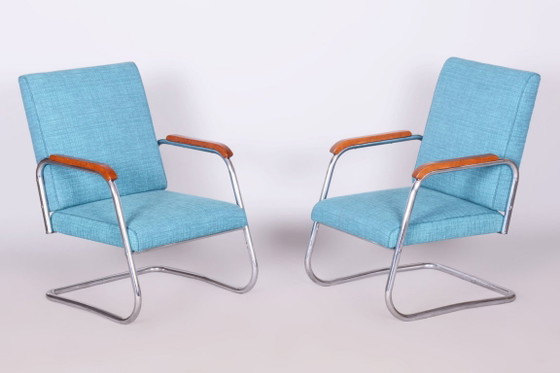 Gerestaureerd Bauhaus-paar fauteuils, Karel E. Ort, Hynek Gottwald, Tsjechië, jaren 1930 – Metal, Textile (photo 8 of 9)