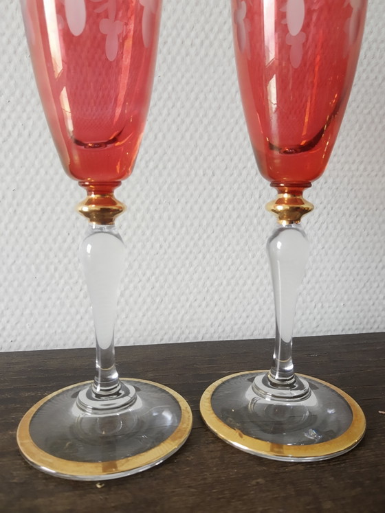 Image 1 of Set vintage kristallen Janus champagneglazen flutes met bladgoud