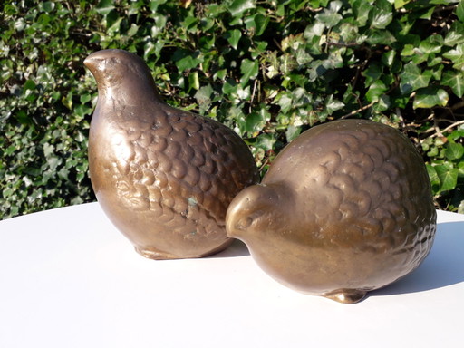 2 statuette di quaglia in ottone, altezza 16 e 12 cm