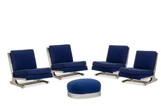 Image 1 of Valérian Rybar Pair of armchairs and pouf in chromed steel. 1970s