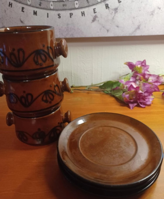 Image 1 of Vintage West-Duitse keramische soepkommen met schotels - Set van 3, jaren 70, mid-century modern, bruin geglazuurde kommen met h