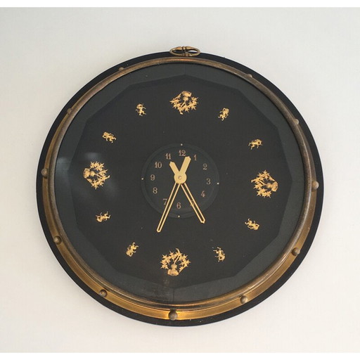 Round black and gold vintage wall clock, 1950