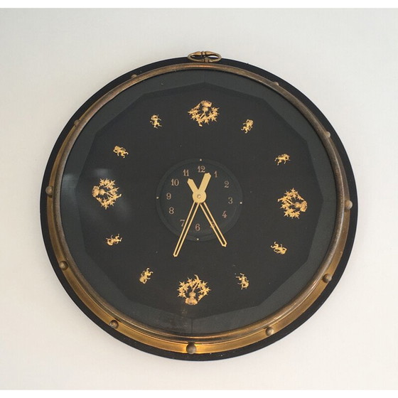 Image 1 of Round black and gold vintage wall clock, 1950