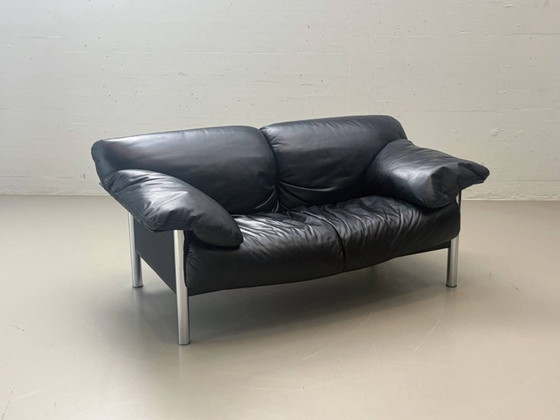 Image 1 of Tweezitsbank in zwart leer van Pierluigi Cerri voor Poltrona Frau, Italië, jaren 90