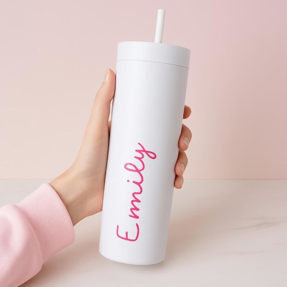 Image 1 of Custom Name Tumbler with Straw and Lid – White Water Bottle Skinny Cup, Pink Love Vacation Cup, bridesmaid wedding gifts, bachel