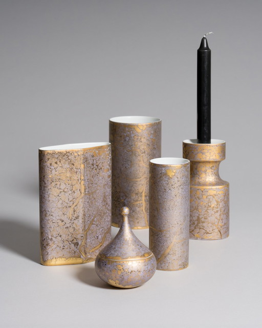 Exquisite Hand-Painted Helmut Drexler Porcelain Set of Five Vessels – Gold & Violet-Grey ‘Goldfeuer’ Series