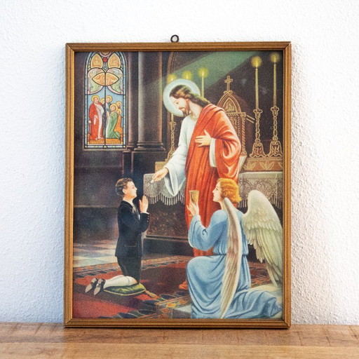 Lámina religiosa conmemorativa antigua enmarcada para la Primera Comunión.