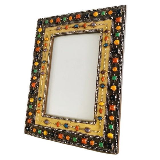 Image 1 of Vintage fotolijst metaal met kleurrijke steentjes antiek look halfedelstenen 1980's