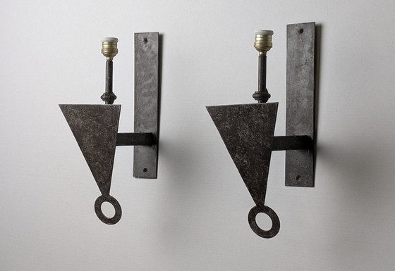 Image 1 of Par de Apliques de Pared Brutalistas de Metal Geométricos, anni '70