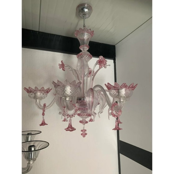 Image 1 of Kronleuchter aus transparentem und rosafarbenem Muranoglas mit Blumen- und Blattmotiven