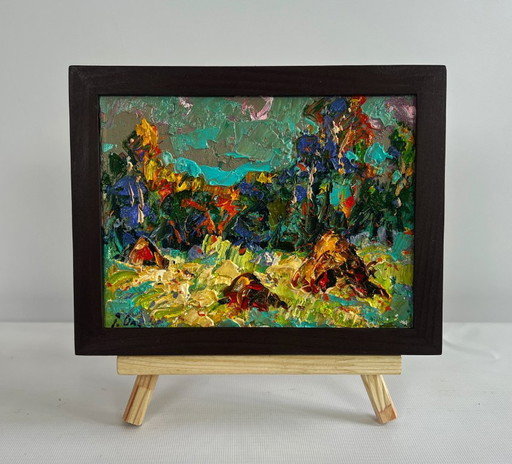 Original Oil Painting Summer Forest Landscape Haystacks in the field