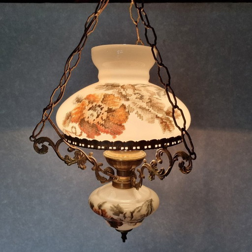 Brass and opaline chandelier with floral decorations, 1970s
