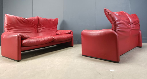 Leather Maralunga sofa set by Vico Magistretti for Cassina, 1980s