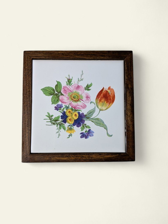 Image 1 of Rare vintage mini flower table with tile motif - poppy blossom - 60s