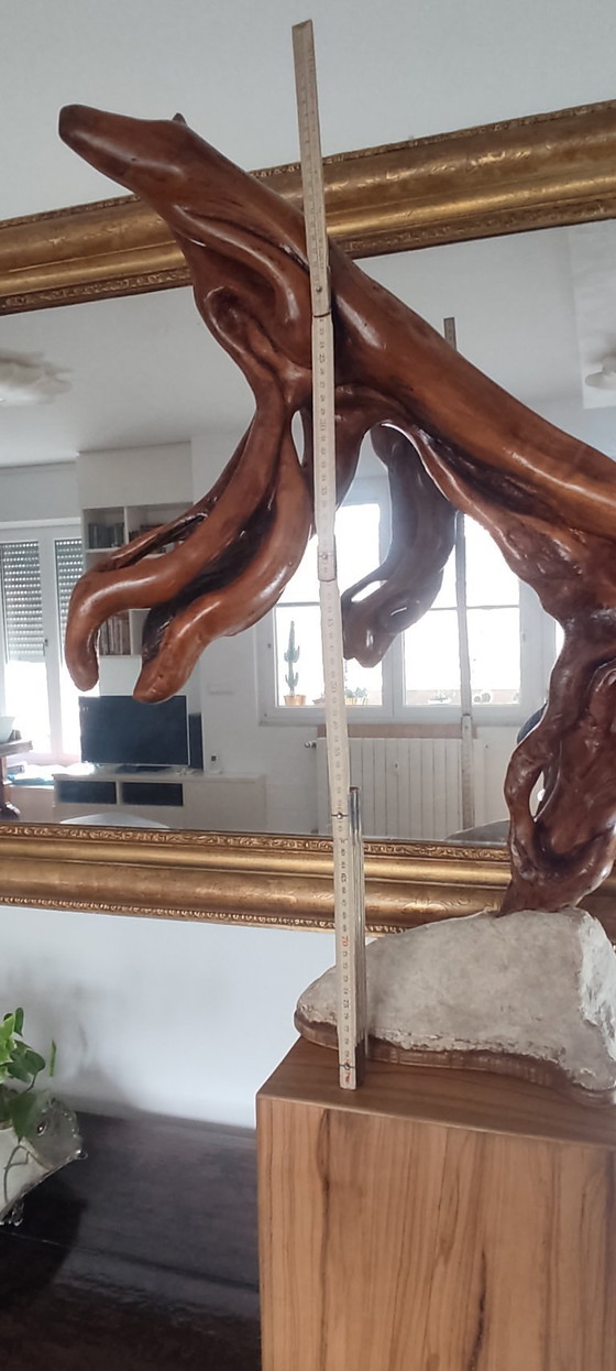 Image 1 of Organic Sculpture "Greyhound" in Solid Wood on a Stone Base – Biomorphic Natural Art