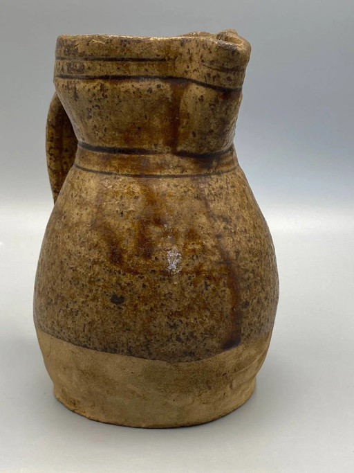 Antique glazed terracotta pitcher, speckled ocher brown, French country pottery, late 19th century – servies (photo 2 of 5)