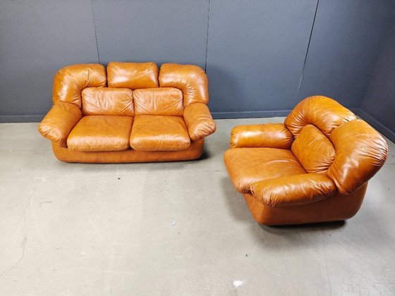Image 1 of Ensemble de canapés en cuir italien du milieu du siècle par Ercole Biella pour Grappeggia, 1970