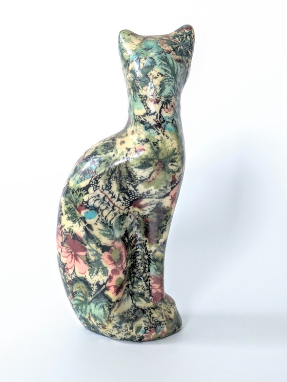 Image 1 of Papier Mâché Cat | Floral Decoupage Figurine | Vintage