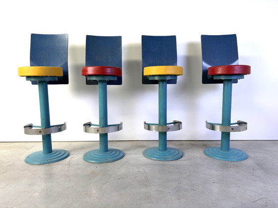 Vintage industrial bar stools, 1980s set of 4 – Barstools, Metal, Wood (photo 11 of 13)